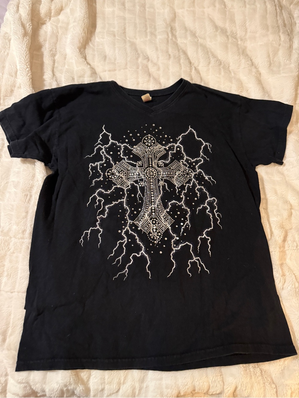 100% Cotton Vintage Y2K-style black V-neck t-shirt-L